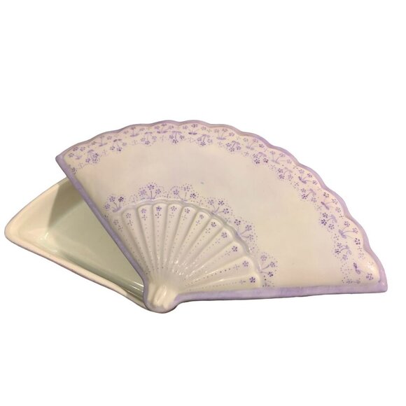 Ceramic Fan-Shaped Trinket Dish Hand-Painted Lavender Floral Design 1994 By Ladu - Picture 1 of 5